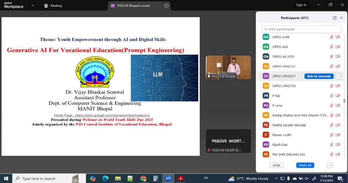 Webinar on World Youth Skills Day 15 July 2025 in PSSCIVE Bhopal